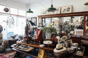 Kurerad butiksmiljö med konstföremål, böcker, väskor och växter